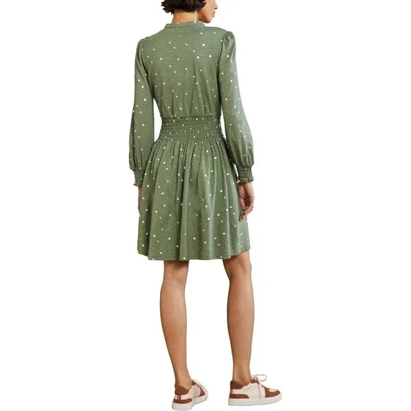 Boden Smocked Button Front Long Sleeve Cotton Blend Dress Green Dots 12R NWT - Picture 2 of 12
